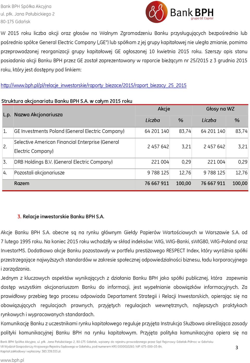 Szerszy opis stanu posiadania akcji Banku BPH przez GE został zaprezentowany w raporcie bieżącym nr 25/2015 z 3 grudnia 2015 roku, który jest dostępny pod linkiem: http://www.bph.