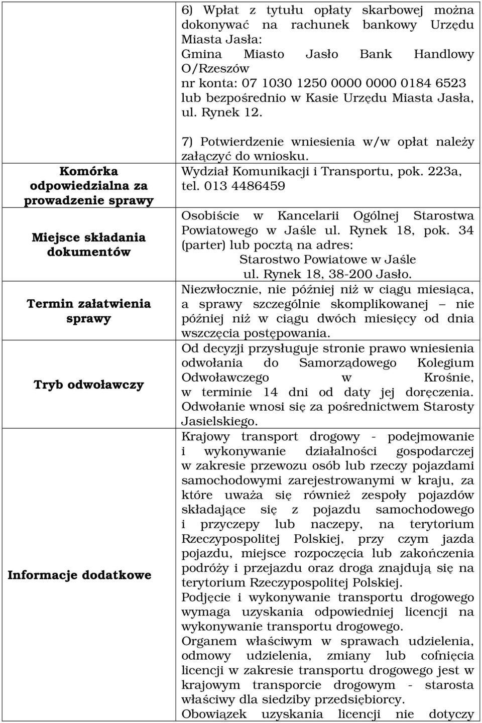 Komórka odpowiedzialna za prowadzenie sprawy Miejsce składania dokumentów Termin załatwienia sprawy Tryb odwoławczy Informacje dodatkowe 7) Potwierdzenie wniesienia w/w opłat należy załączyć do