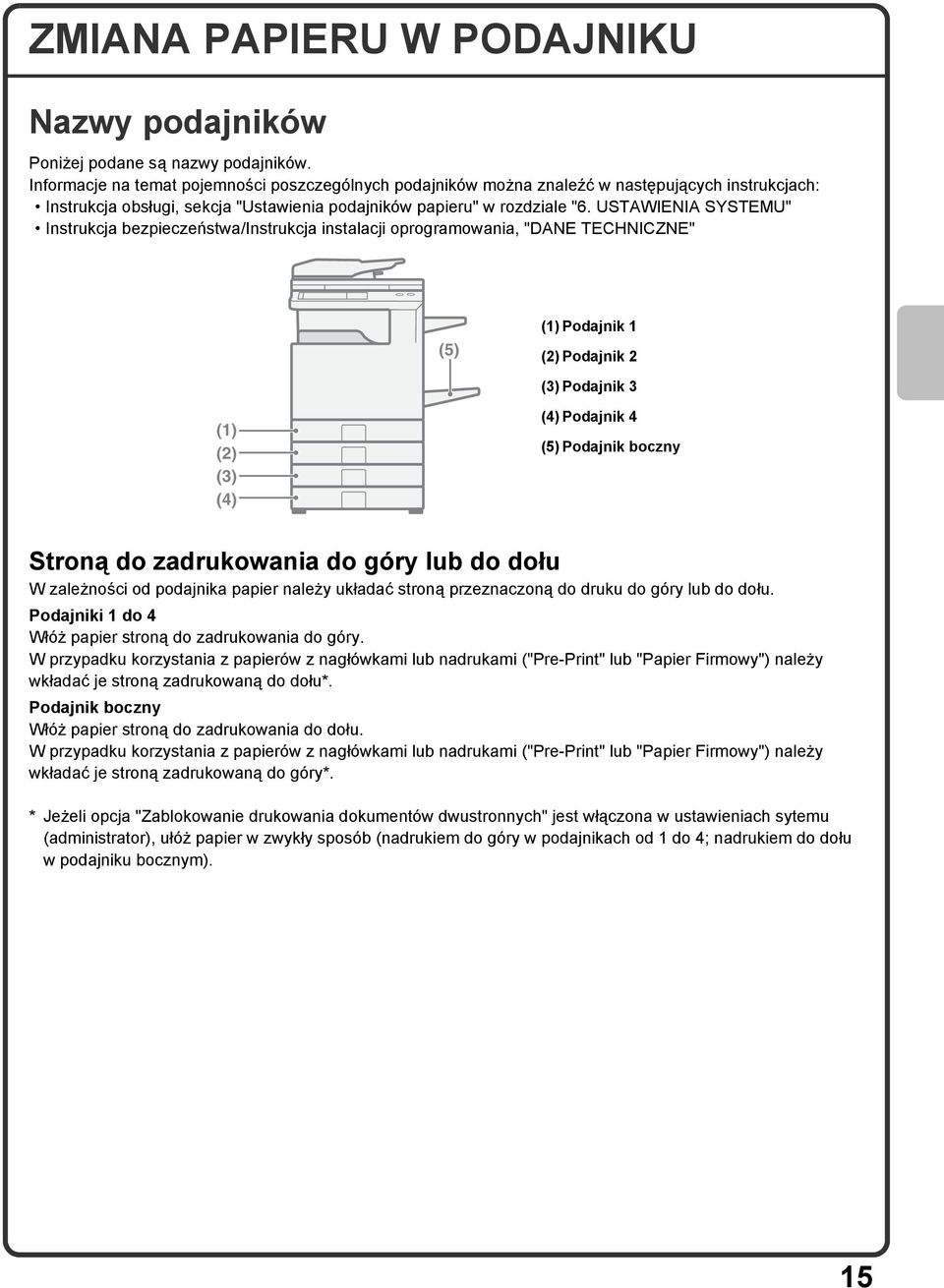 USTAWIENIA SYSTEMU" Instrukcja bezpieczeństwa/instrukcja instalacji oprogramowania, "DANE TECHNICZNE" (5) (1) Podajnik 1 (2) Podajnik 2 (3) Podajnik 3 (1) (2) (3) (4) (4) Podajnik 4 (5) Podajnik