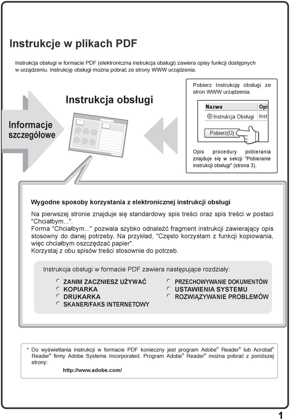 Wygodne sposoby korzystania z elektronicznej instrukcji obsługi Na pierwszej stronie znajduje się standardowy spis treści oraz spis treści w postaci "Chciałbym...". Forma "Chciałbym.