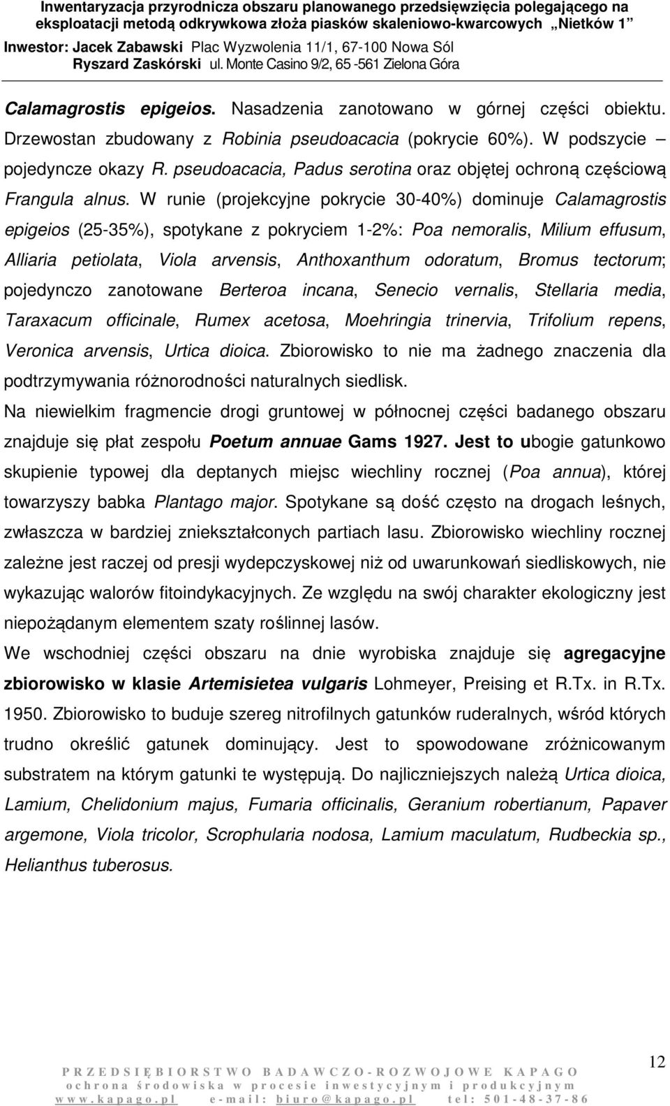 W runie (projekcyjne pokrycie 30-40%) dominuje Calamagrostis epigeios (25-35%), spotykane z pokryciem 1-2%: Poa nemoralis, Milium effusum, Alliaria petiolata, Viola arvensis, Anthoxanthum odoratum,