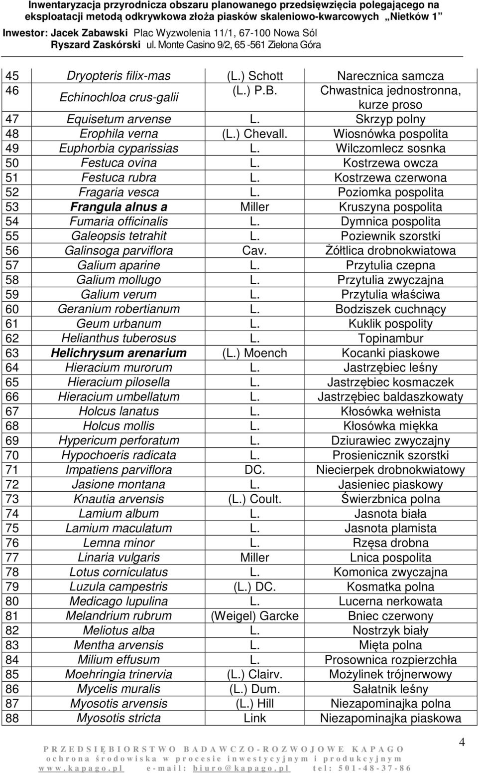 Poziomka pospolita 53 Frangula alnus a Miller Kruszyna pospolita 54 Fumaria officinalis L. Dymnica pospolita 55 Galeopsis tetrahit L. Poziewnik szorstki 56 Galinsoga parviflora Cav.