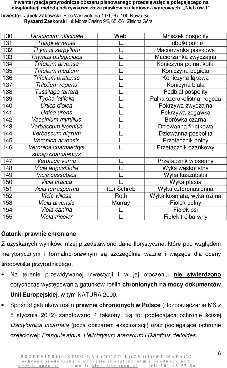 Konicyna biała 138 Tussilago farfara L. Podbiał pospolity 139 Typha latifolia L. Pałka szerokolistna, rogoża 140 Urtica dioica L. Pokrzywa zwyczajna 141 Urtica urens L.