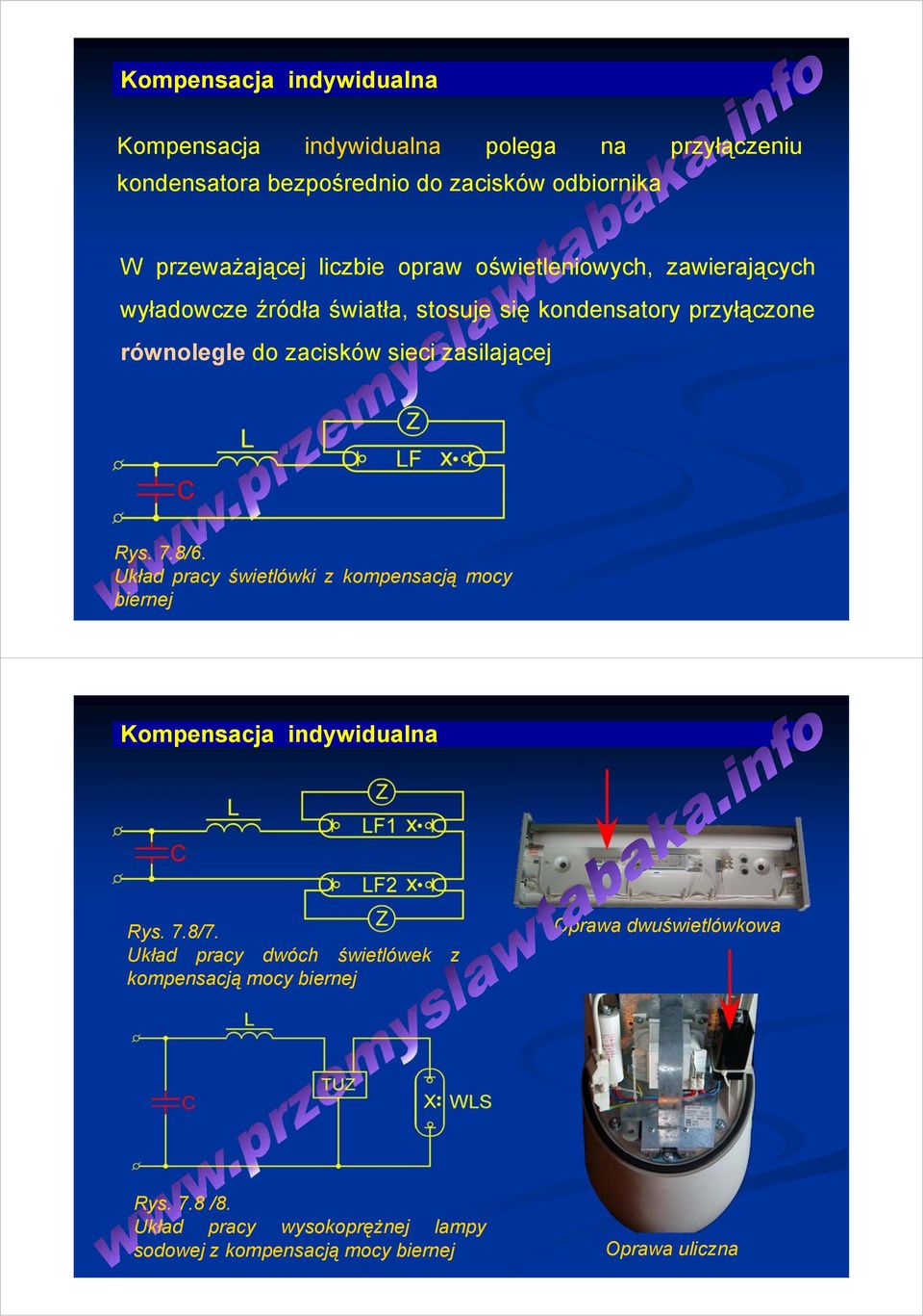 zasilającej Rys. 7.8/6. Układ pracy świetlówki z kompensacją mocy biernej Kompensacja indywidualna Rys. 7.8/7.