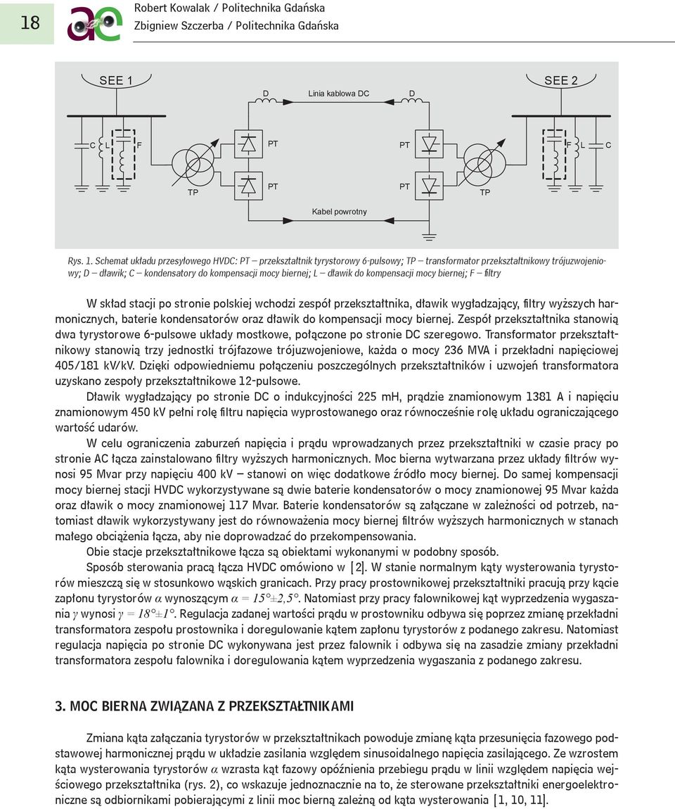 Schemat układu przesyłowego HVDC: PT przekształtnik tyrystorowy 6-pulsowy; TP transformator przekształtnikowy trójuzwojeniowy; D dławik; C kondensatory ; L dławik ; F filtry W skład stacji po stronie