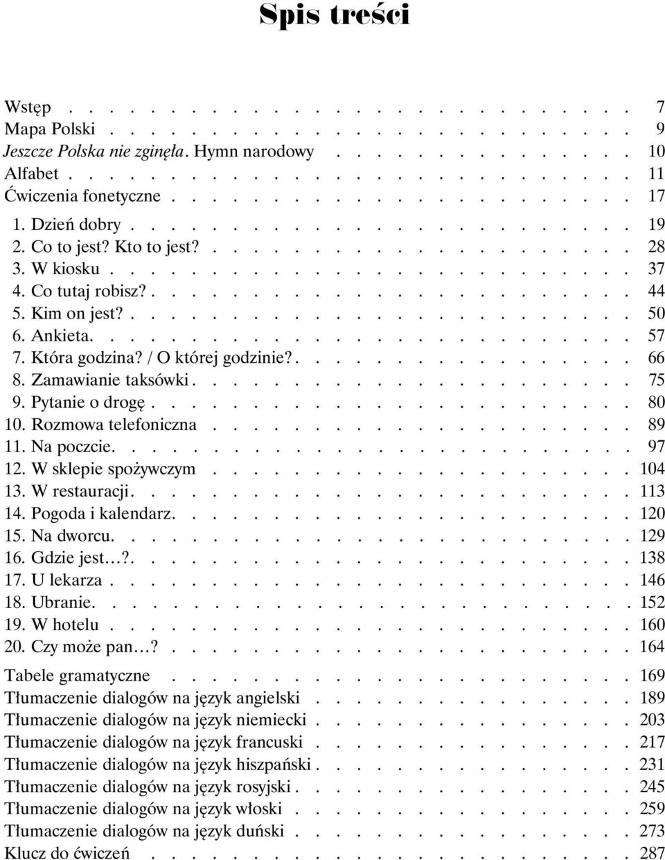 Kim on jest?......................... 50 6. Ankieta........................... 57 7. Która godzina? / O której godzinie?................. 66 8. Zamawianie taksówki...................... 75 9.