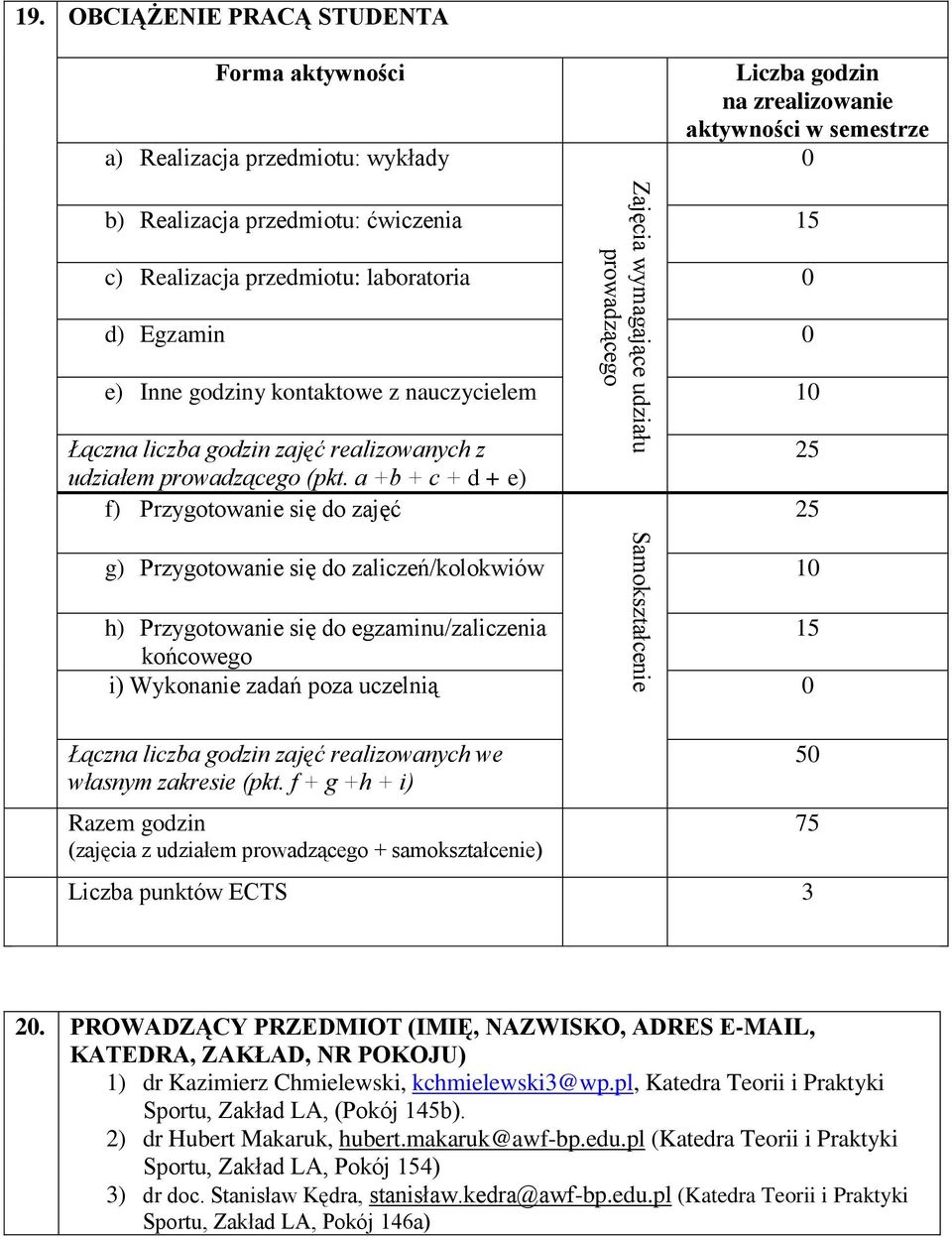 0 d) Egzamin 0 e) Inne godziny kontaktowe z nauczycielem 10 Łączna liczba godzin zajęć realizowanych z udziałem prowadzącego (pkt.