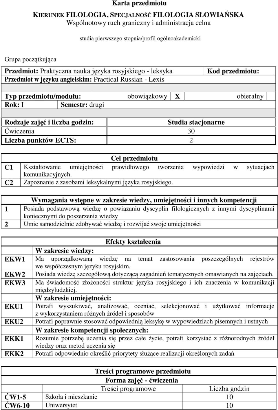 zajęć i liczba godzin: Studia stacjonarne Ćwiczenia 30 Liczba punktów ECTS: 2 Cel przedmiotu C1 Kształtowanie umiejętności prawidłowego tworzenia wypowiedzi w sytuacjach komunikacyjnych.