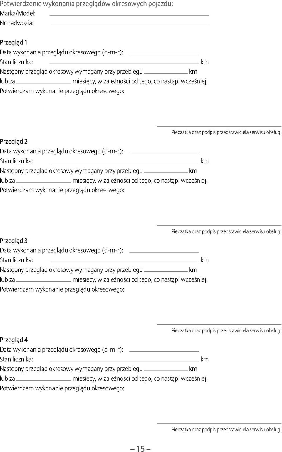 Potwierdzam wykonanie przeglądu okresowego: Pieczątka oraz podpis przedstawiciela serwisu obsługi Przegląd 2 Data wykonania przeglądu okresowego (d-m-r): Stan licznika: Następny przegląd okresowy