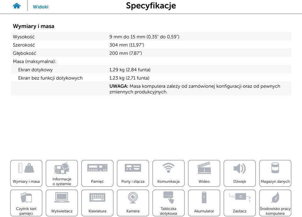 funkcji dotykowych 1,29 kg (2,84 funta) 1,23 kg (2,71 funta) UWAGA: