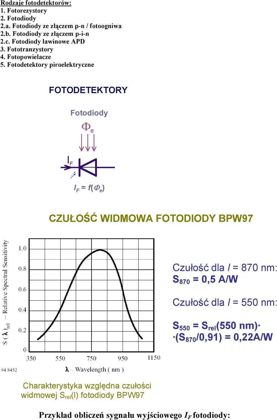 Fotodtktory pirolktryczn FOTODETEKTORY Fotodiody I F (Φ ) CZUŁOŚĆ WIDMOWA FOTODIODY BPW97 Czułość dla l 870 nm: S 870 0,5