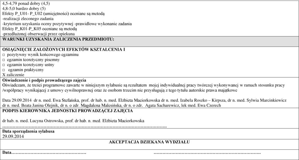 egzamin teoretyczny pisemny egzamin teoretyczny ustny egzamin praktyczny X zaliczenie Oświadczenie i podpis prowadzącego zajęcia Oświadczam, że treści programowe zawarte w niniejszym sylabusie są