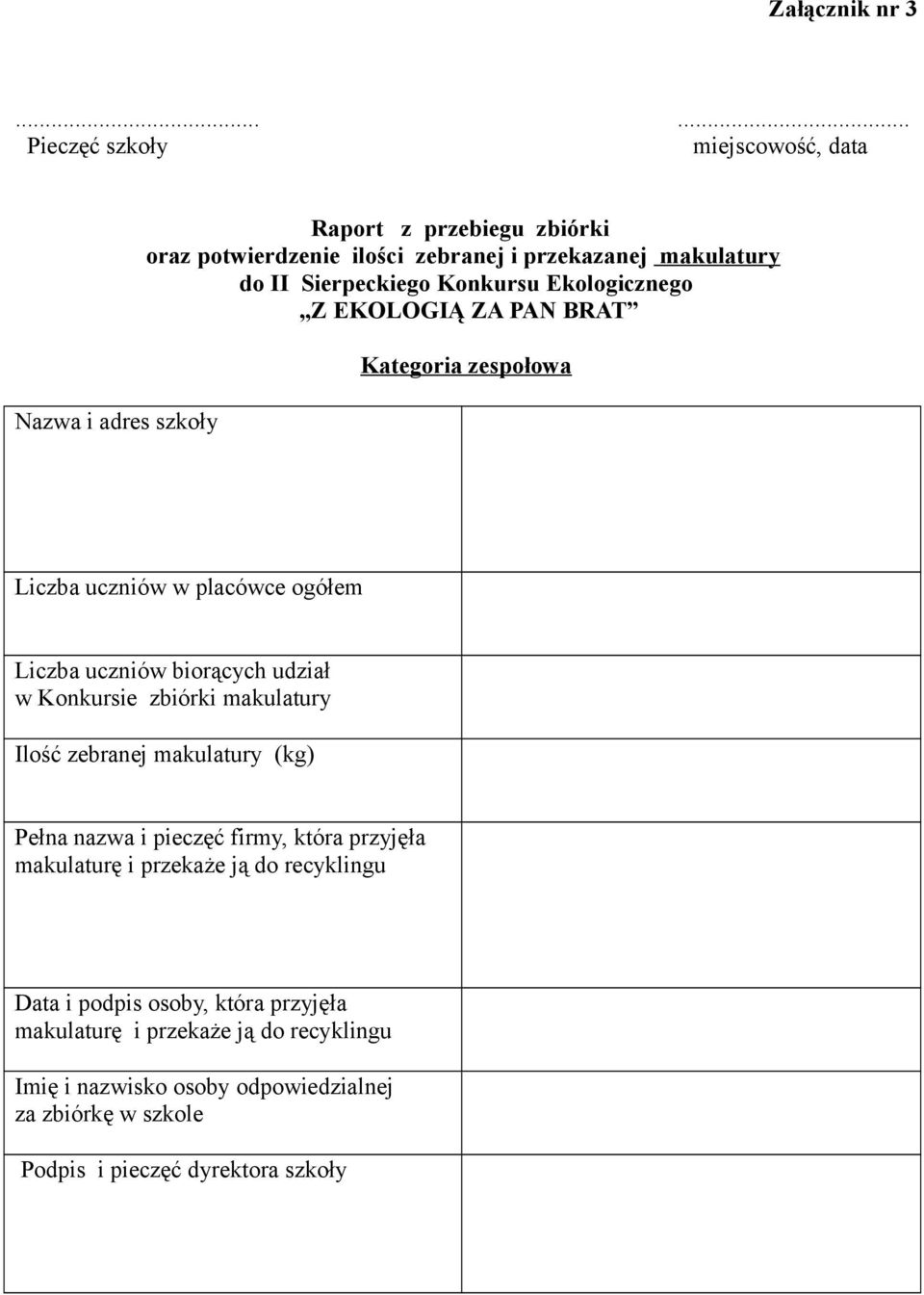 II Sierpeckiego Konkursu Ekologicznego Kategoria zespołowa Liczba uczniów w placówce ogółem Liczba uczniów biorących udział w Konkursie zbiórki