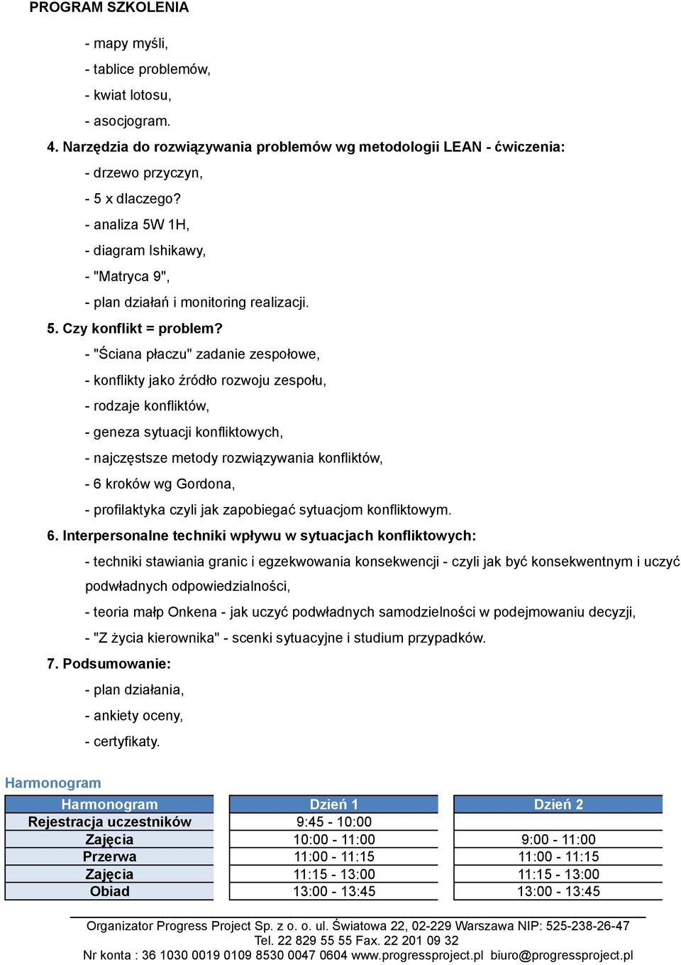 - "Ściana płaczu" zadanie zespołowe, - konflikty jako źródło rozwoju zespołu, - rodzaje konfliktów, - geneza sytuacji konfliktowych, - najczęstsze metody rozwiązywania konfliktów, - 6 kroków wg