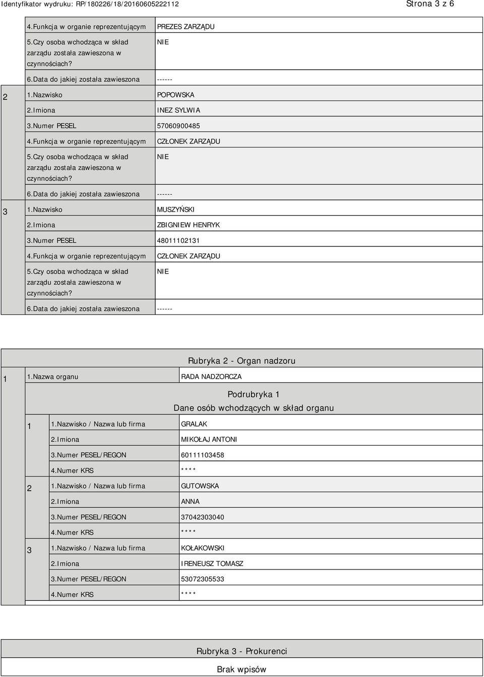 Data do jakiej została zawieszona ------ 3 1.Nazwisko MUSZYŃSKI ZBIGW HENRYK 3.Numer PESEL 48011102131 4.Funkcja w organie reprezentującym 5.