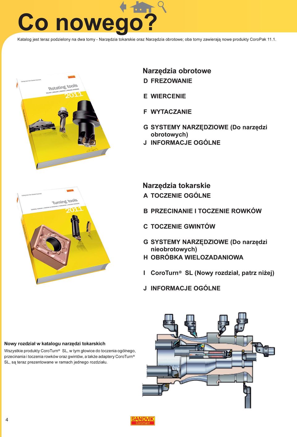 TOCZENIE ROWKÓW C TOCZENIE GWINTÓW G SYSTEMY NARZĘDZIOWE (Do narzędzi nieobrotowych) H OBRÓBKA WIELOZADANIOWA I CoroTurn SL (Nowy rozdział, patrz niżej) J INFORMACJE OGÓLNE Nowy