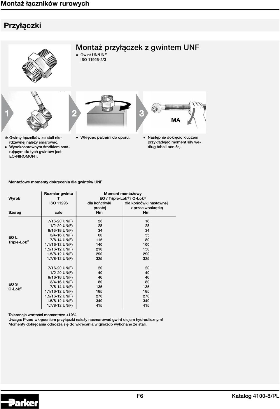 Montażowe momenty dokręcenia dla gwintów UNF Rozmiar gwintu Moment montażowy Wyrób T EO / Triple-Lok i O-Lok ISO 11296 dla końcówki dla końcówki nastawnej prostej z przeciwnakrętką Szereg cale Nm Nm
