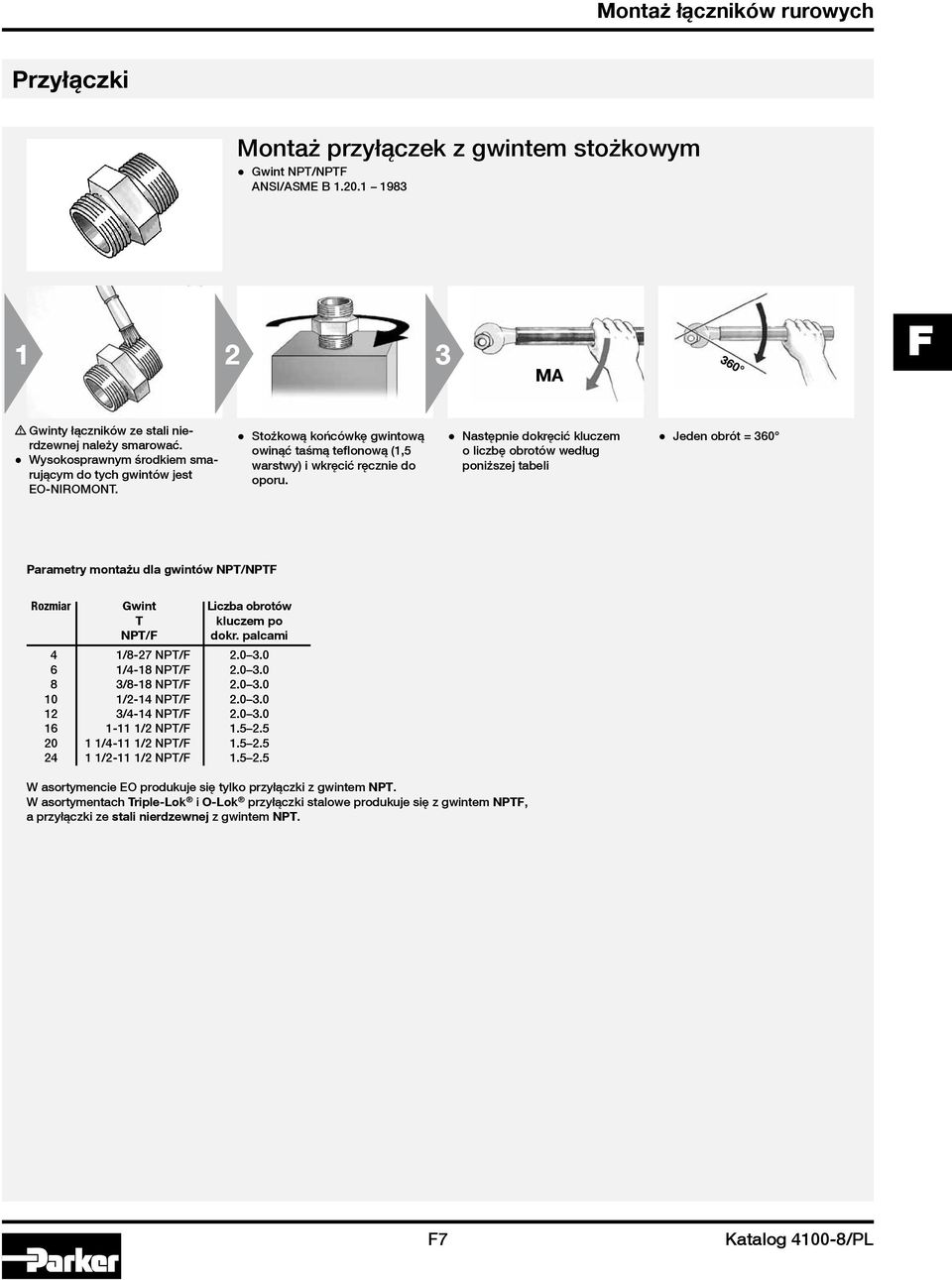 Następnie dokręcić kluczem o liczbę obrotów według poniższej tabeli Jeden obrót = 360 Parametry montażu dla gwintów NPT/NPTF Rozmiar Gwint Liczba obrotów T kluczem po NPT/F dokr.