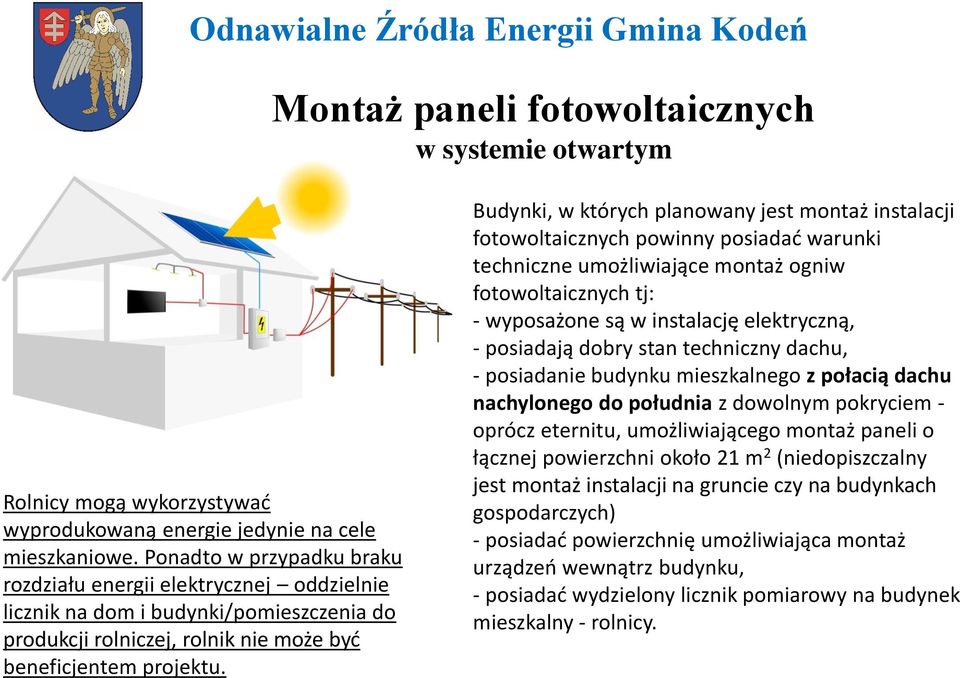 Budynki, w których planowany jest montaż instalacji fotowoltaicznych powinny posiadać warunki techniczne umożliwiające montaż ogniw fotowoltaicznych tj: - wyposażone są w instalację elektryczną, -