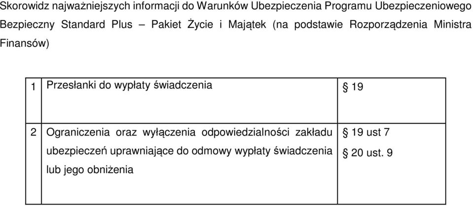 Finansów) 1 Przesłanki do wypłaty świadczenia 19 2 Ograniczenia oraz wyłączenia