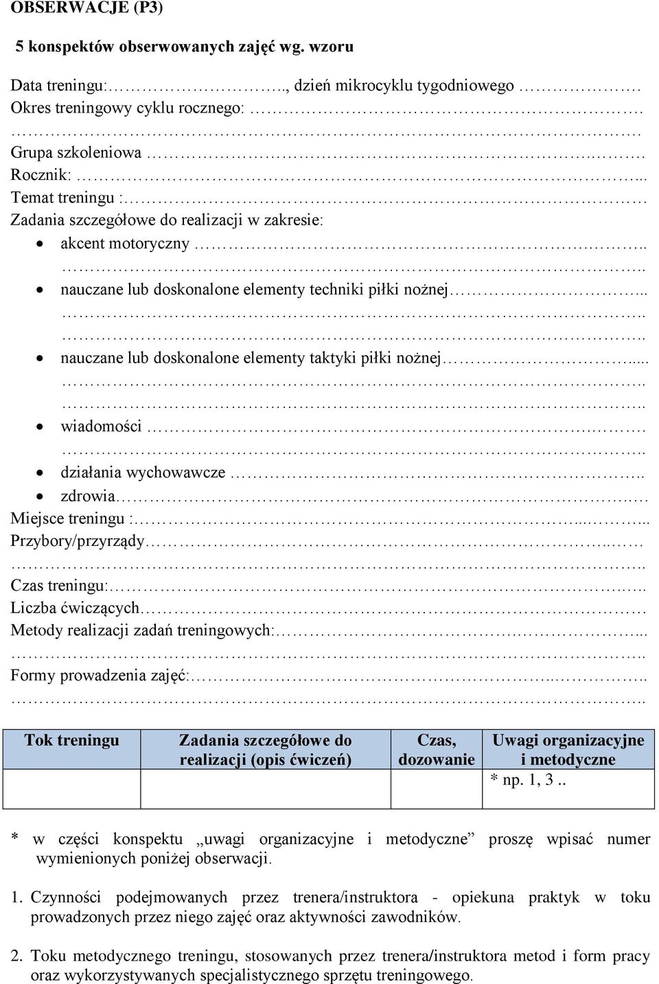 .. wiadomości.. działania wychowawcze.. zdrowia.. Miejsce treningu :...... Przybory/przyrządy.... Czas treningu:... Liczba ćwiczących Metody realizacji zadań treningowych:...... Formy prowadzenia zajęć:.