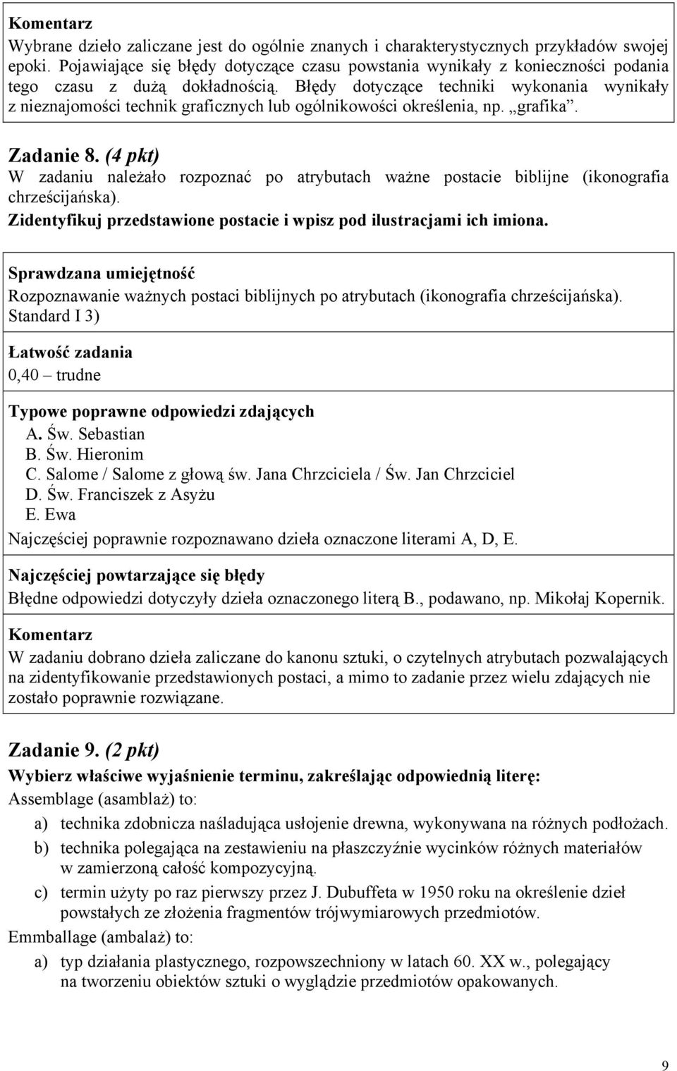 Błędy dotyczące techniki wykonania wynikały z nieznajomości technik graficznych lub ogólnikowości określenia, np. grafika. Zadanie 8.