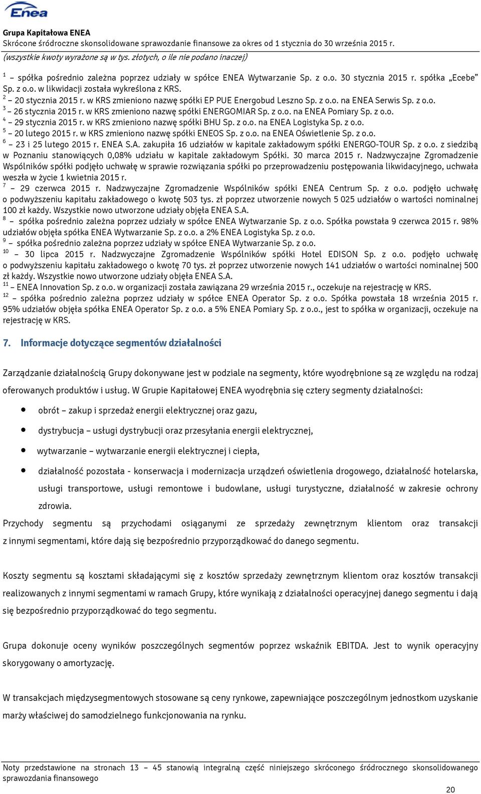 w KRS zmieniono nazwę spółki BHU Sp. z o.o. na ENEA Logistyka Sp. z o.o. 5 20 lutego 2015 r. w KRS zmieniono nazwę spółki ENEOS Sp. z o.o. na ENEA Oświetlenie Sp. z o.o. 6 23 i 25 lutego 2015 r.