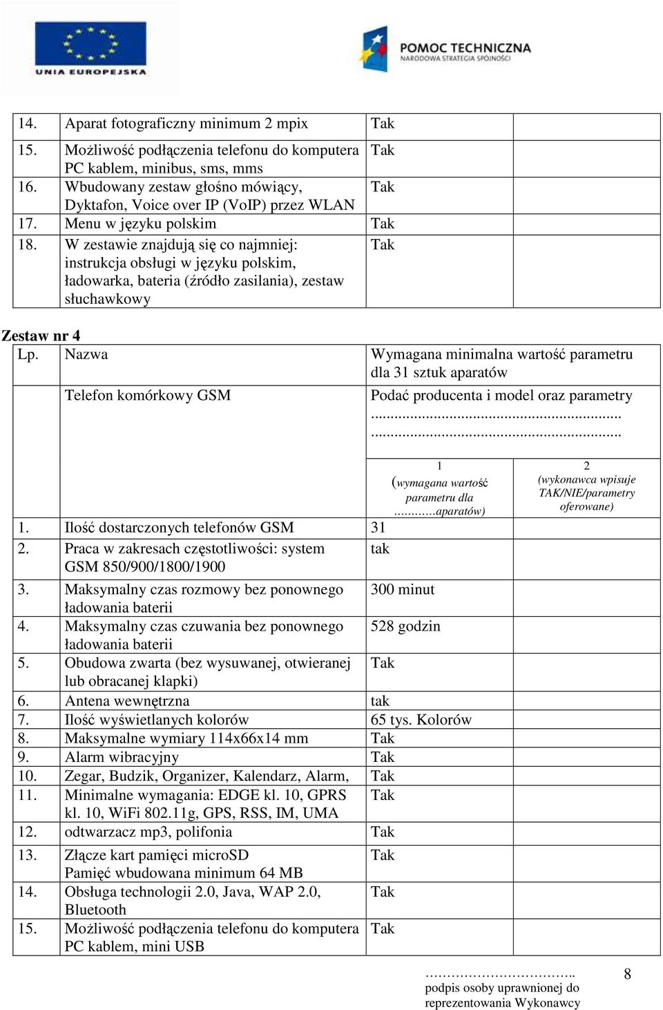 Nazwa Wymagana minimalna wartość parametru dla 3 sztuk aparatów Telefon komórkowy GSM. Ilość dostarczonych telefonów GSM 3.