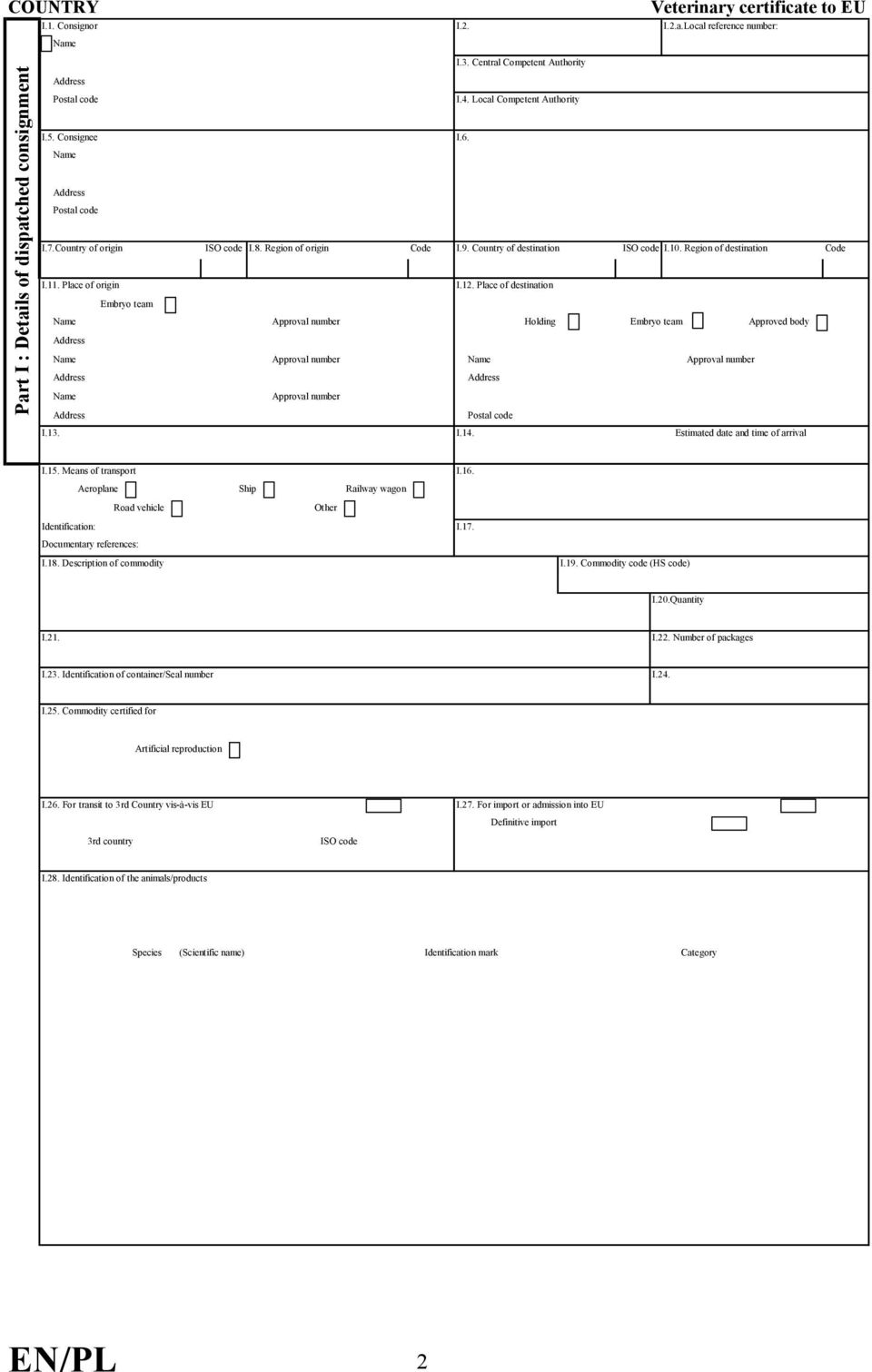 Place of origin I.12. Place of destination Embryo team Name Approval number Holding Embryo team Approved body Name Approval number Name Approval number Name Approval number Postal code I.13. I.14.