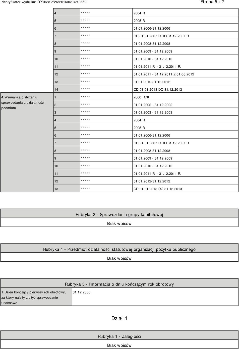 Wzmianka o złożeniu sprawozdania z działalności podmiotu 1 ***** 2000 ROK 2 ***** 01.01.2002-31.12.2002 3 ***** 01.01.2003-31.12.2003 4 ***** 2004 R. 5 ***** 2005 R. 6 ***** 01.01.2006-31.12.2006 7 ***** OD 01.