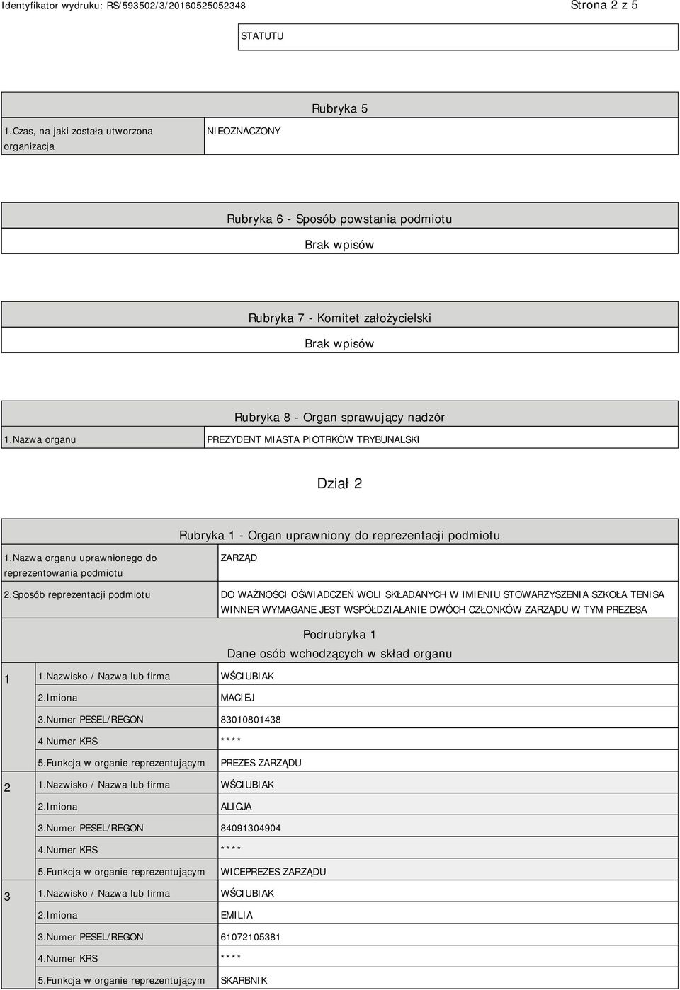 Sposób reprezentacji podmiotu ZARZĄD DO WAŻNOŚCI OŚWIADCZEŃ WOLI SKŁADANYCH W IMIENIU STOWARZYSZENIA SZKOŁA TENISA WINNER WYMAGANE JEST WSPÓŁDZIAŁANIE DWÓCH CZŁONKÓW ZARZĄDU W TYM PREZESA 1 1.