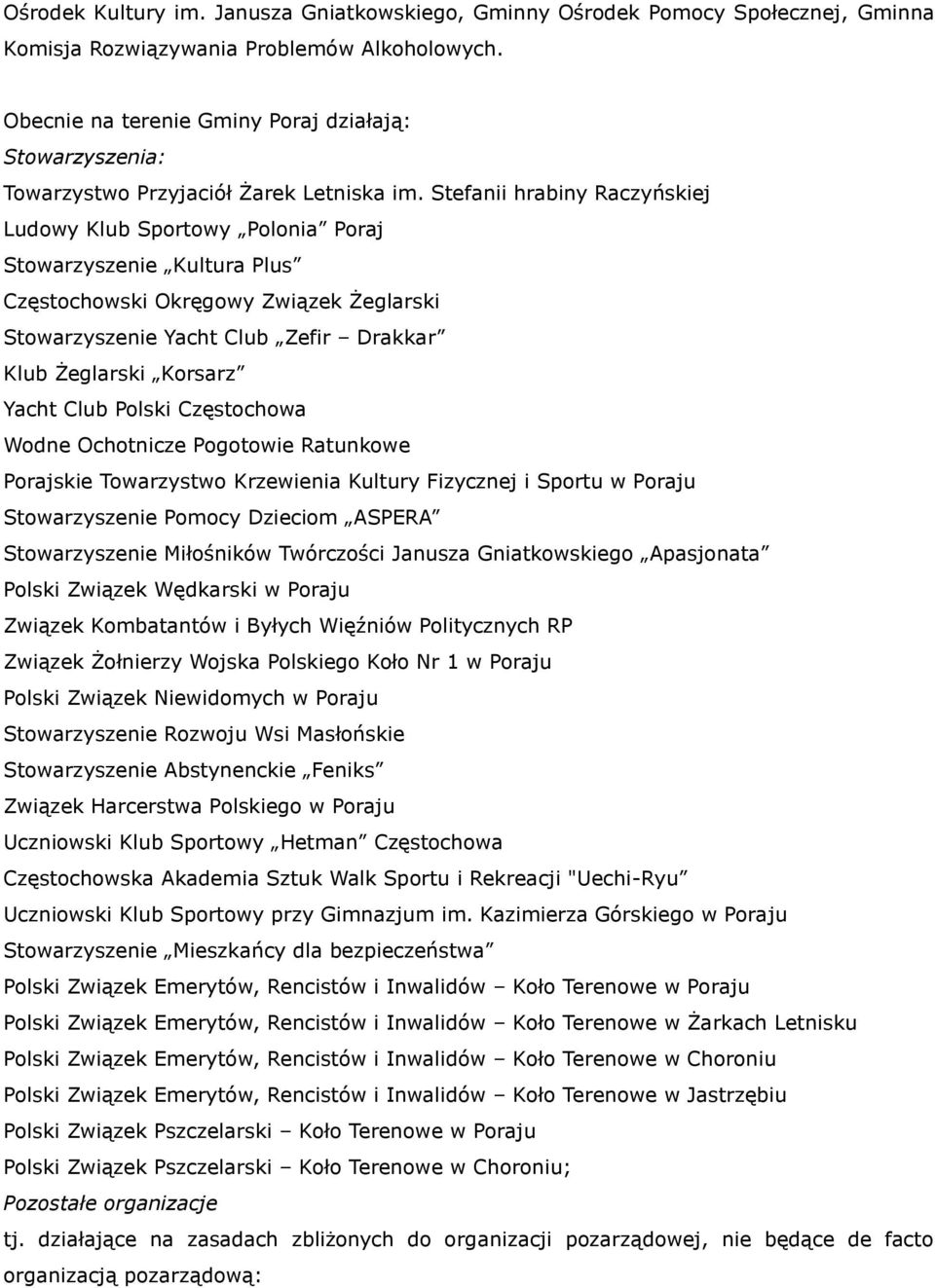Stefanii hrabiny Raczyńskiej Ludowy Klub Sportowy Polonia Poraj Stowarzyszenie Kultura Plus Częstochowski Okręgowy Związek Żeglarski Stowarzyszenie Yacht Club Zefir Drakkar Klub Żeglarski Korsarz