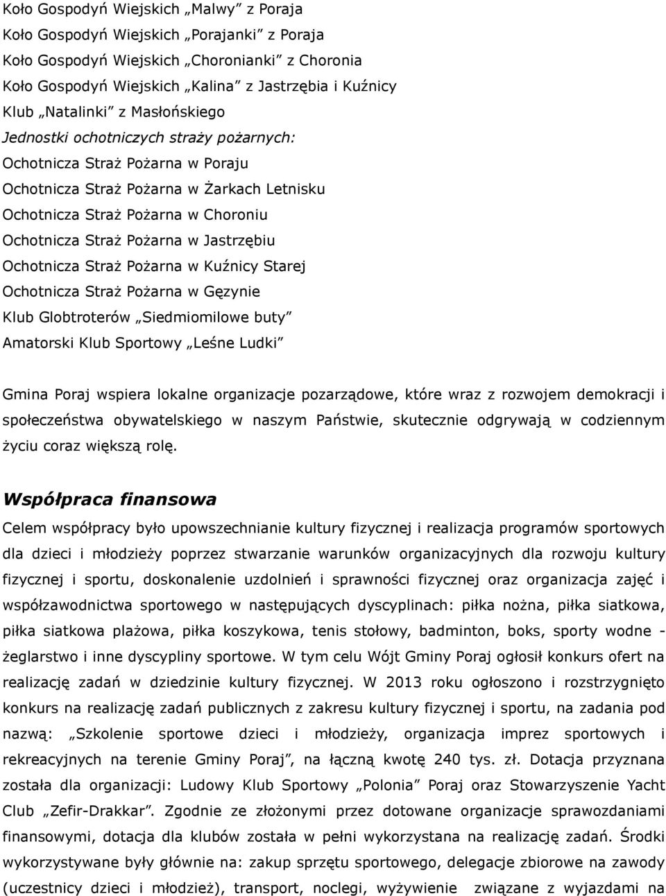 Jastrzębiu Ochotnicza Straż Pożarna w Kuźnicy Starej Ochotnicza Straż Pożarna w Gęzynie Klub Globtroterów Siedmiomilowe buty Amatorski Klub Sportowy Leśne Ludki Gmina Poraj wspiera lokalne