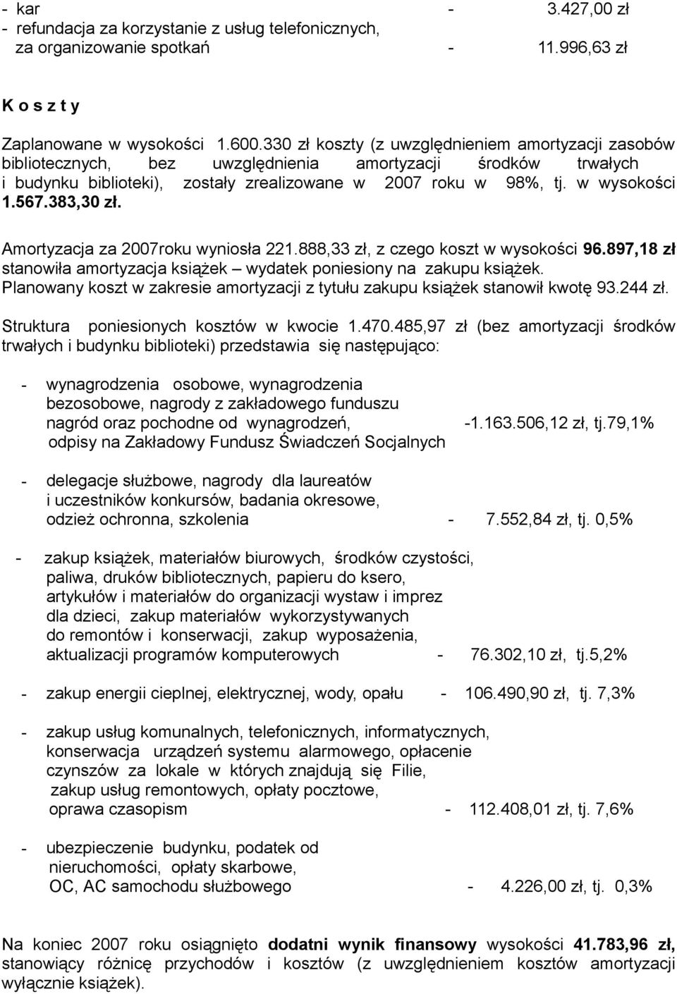 383,30 zł. Amortyzacja za 2007roku wyniosła 221.888,33 zł, z czego koszt w wysokości 96.897,18 zł stanowiła amortyzacja książek wydatek poniesiony na zakupu książek.