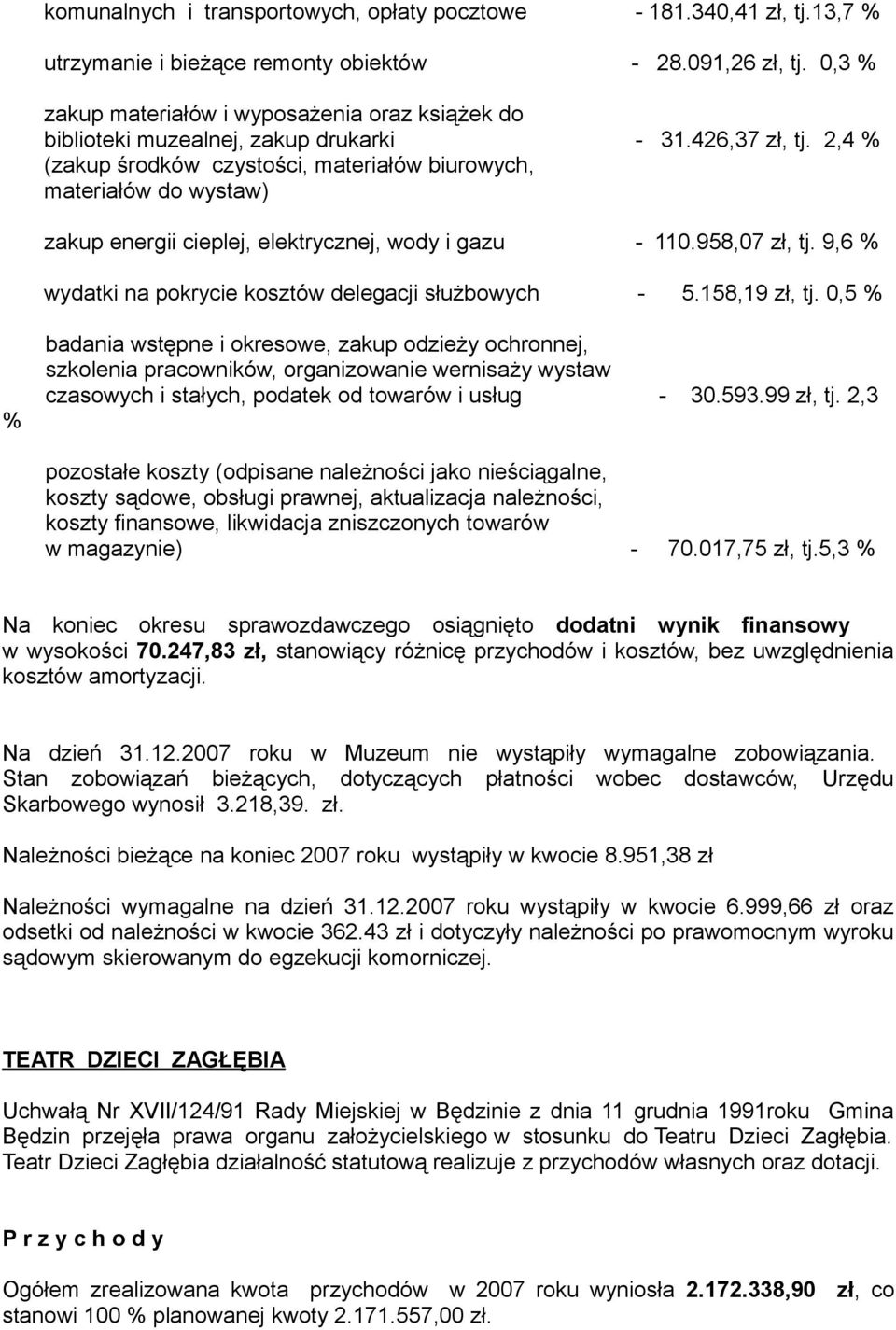 2,4 % (zakup środków czystości, materiałów biurowych, materiałów do wystaw) zakup energii cieplej, elektrycznej, wody i gazu - 110.958,07 zł, tj.