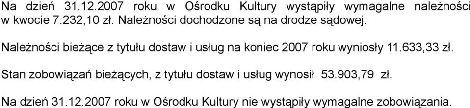 Należności bieżące z tytułu dostaw i usług na koniec 2007 roku wyniosły 11.633,33 zł.