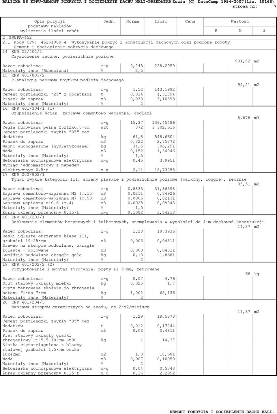 r-g 0,245 228,2959 Materiały inne (Robocizna) % 2,5 15 KNR 401/803/2 P.