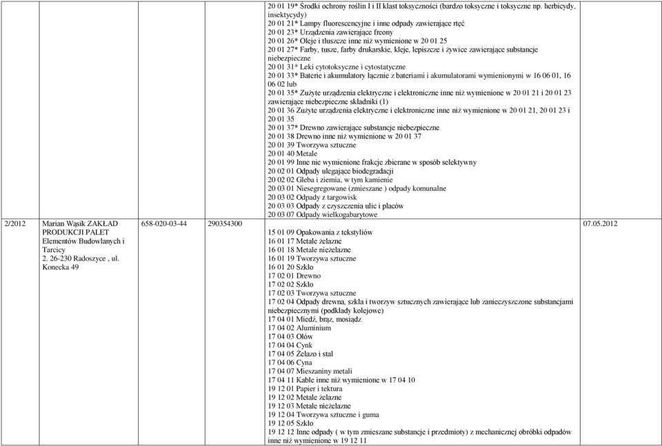 herbicydy, insektycydy) 20 01 21* Lampy fluorescencyjne i inne odpady zawierające rtęć 20 01 23* Urządzenia zawierające freony 20 01 26* Oleje i tłuszcze inne niż wymienione w 20 01 25 20 01 27*