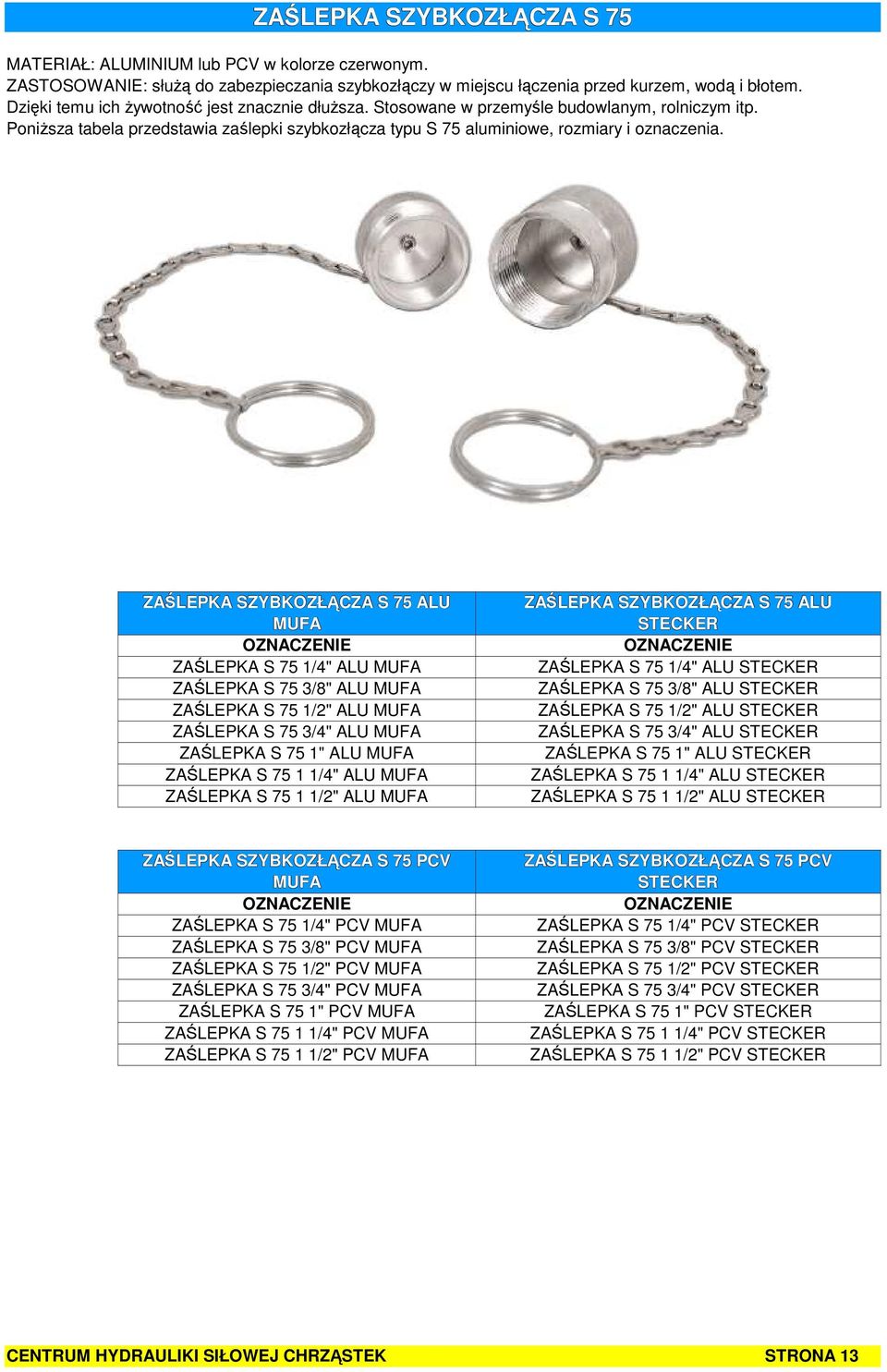 ZAŚLEPKA SZYBKOZŁĄCZA S 75 ALU MUFA ZAŚLEPKA S 75 1/4" ALU MUFA ZAŚLEPKA S 75 3/8" ALU MUFA ZAŚLEPKA S 75 1/2" ALU MUFA ZAŚLEPKA S 75 3/4" ALU MUFA ZAŚLEPKA S 75 1" ALU MUFA ZAŚLEPKA S 75 1 1/4" ALU