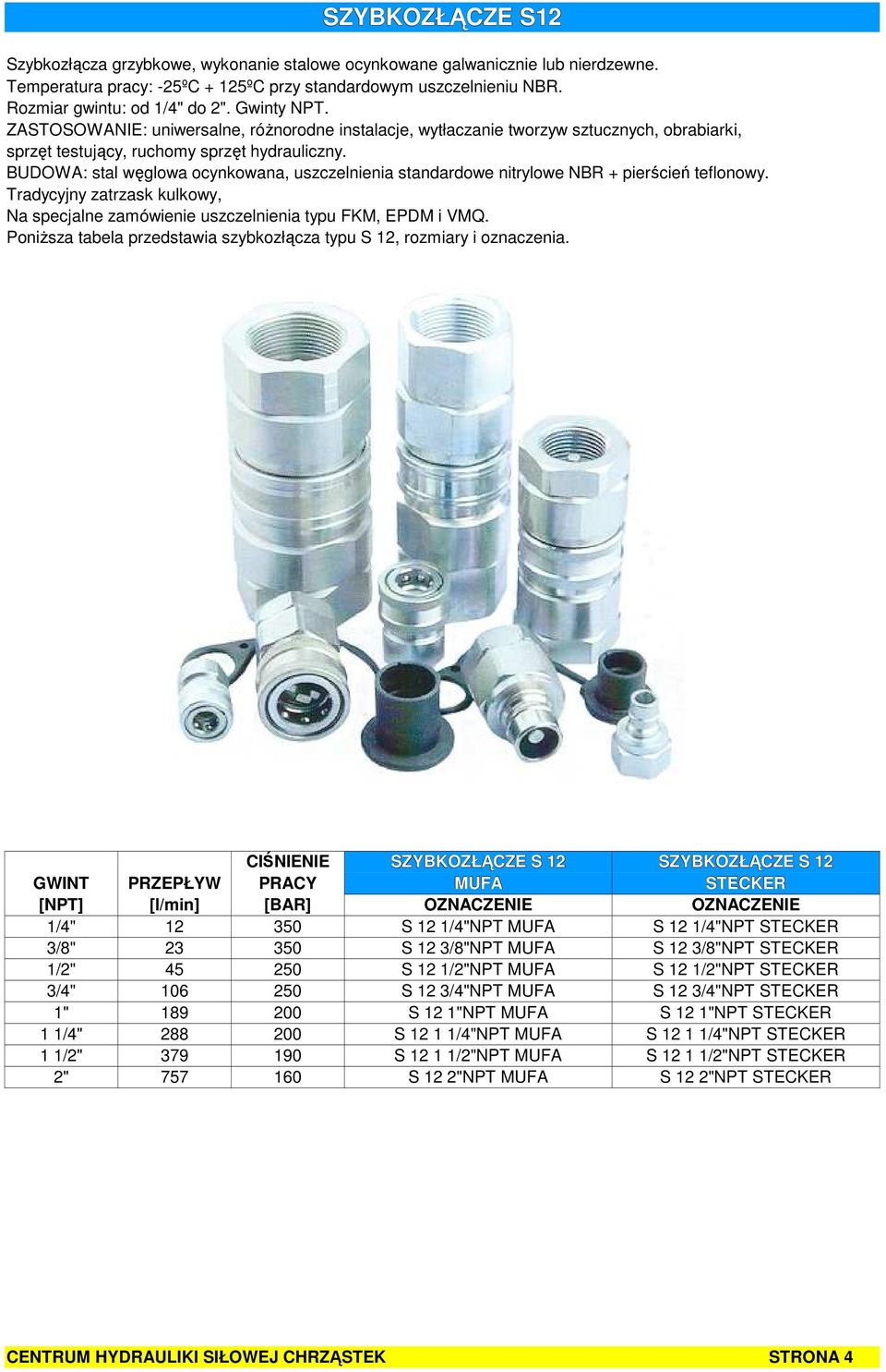 BUDOWA: stal węglowa ocynkowana, uszczelnienia standardowe nitrylowe NBR + pierścień teflonowy. Tradycyjny zatrzask kulkowy, PoniŜsza tabela przedstawia szybkozłącza typu S 12, rozmiary i oznaczenia.