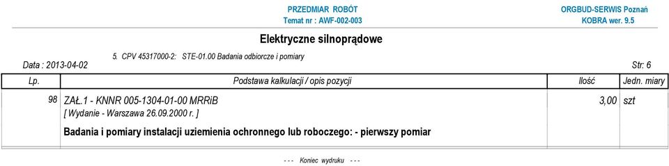 ZAŁ.1 - KNNR 005-1304-01-00 MRRiB 3,00 szt Badania i