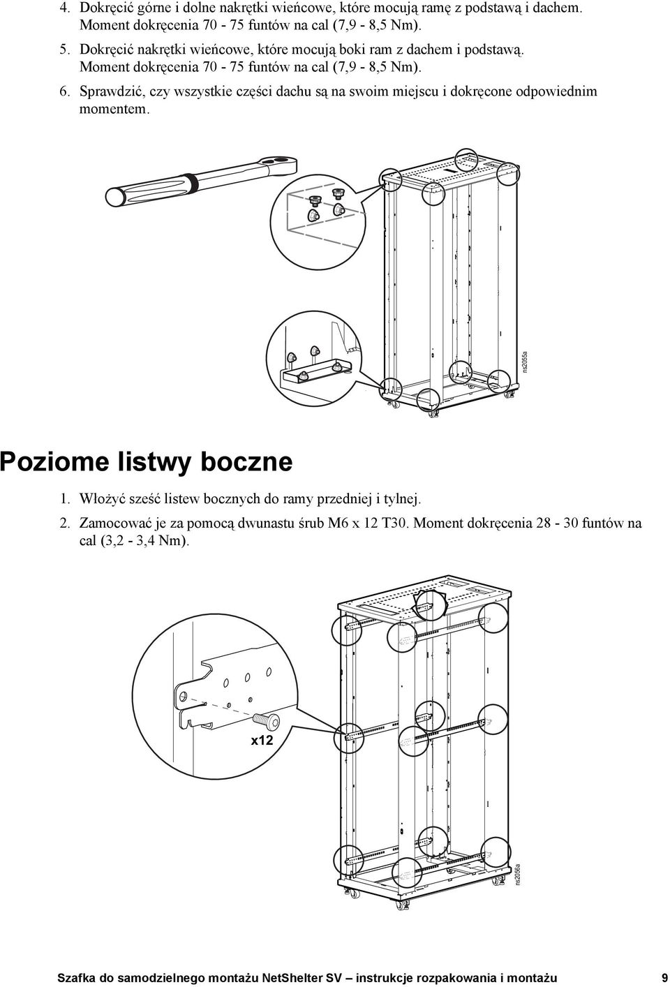 Sprawdzić, czy wszystkie części dachu są na swoim miejscu i dokręcone odpowiednim momentem. ns2055a Poziome listwy boczne 1.