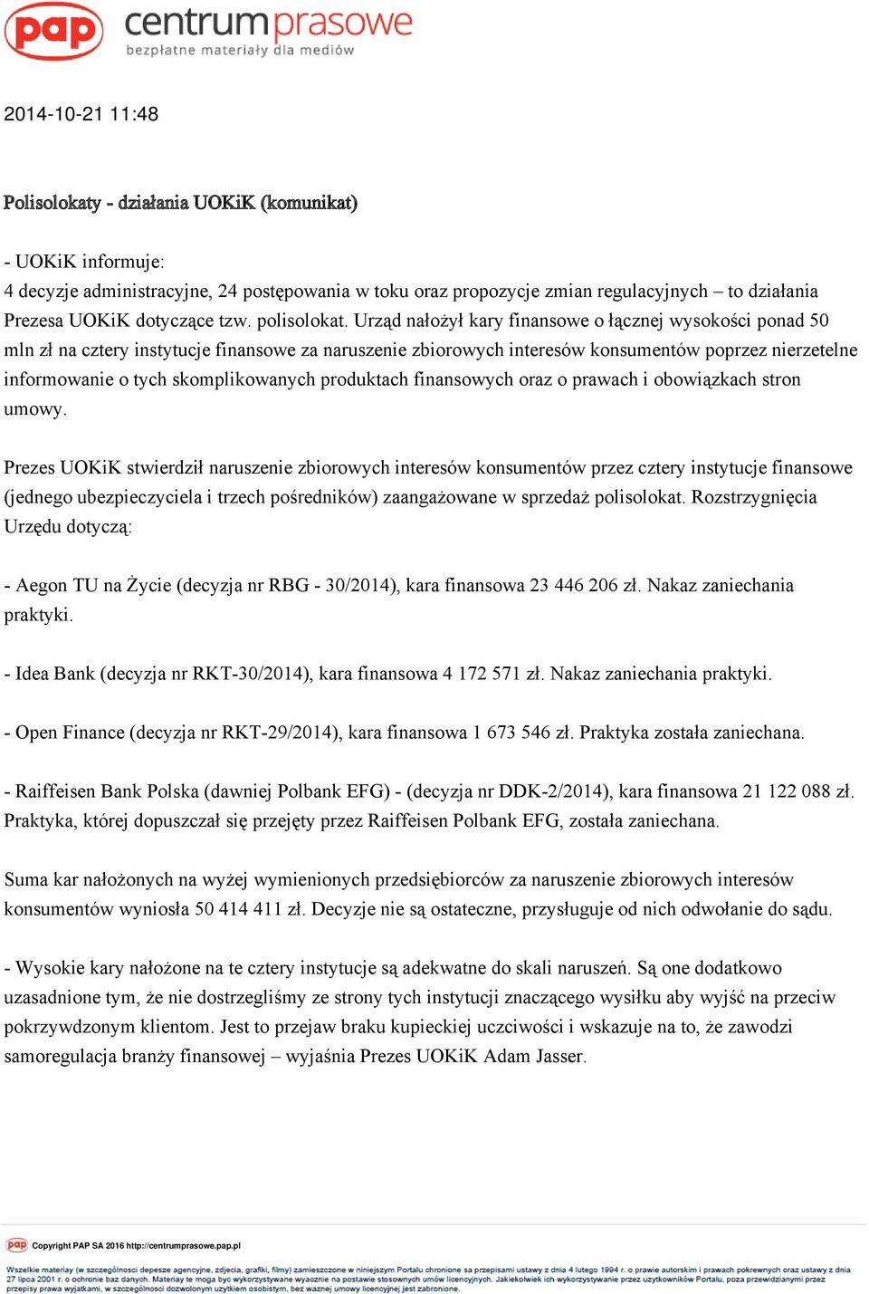 Urząd nałożył kary finansowe o łącznej wysokości ponad 50 mln zł na cztery instytucje finansowe za naruszenie zbiorowych interesów konsumentów poprzez nierzetelne informowanie o tych skomplikowanych