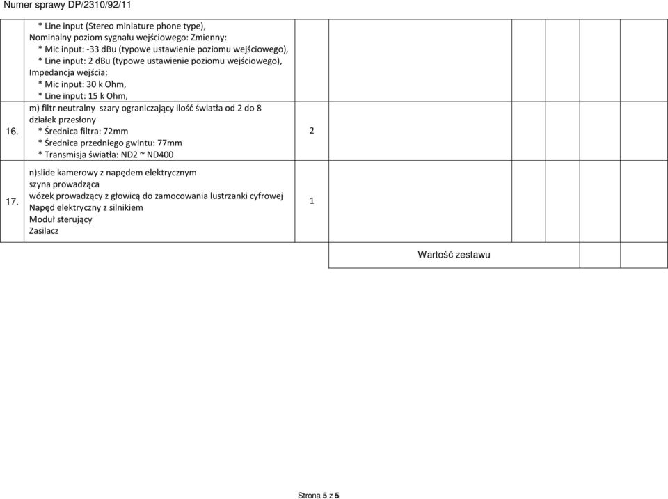 dbu (typowe ustawienie poziomu wejściowego), Impedancja wejścia: * Mic input: 30 k Ohm, * Line input: 5 k Ohm, m) filtr neutralny szary ograniczający ilość światła od 2 do