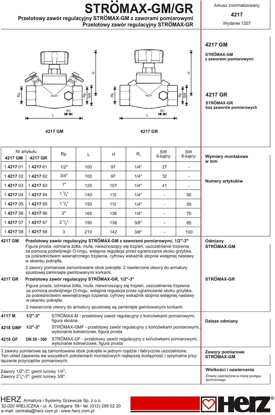 0 7 " /" 70 7 07 7 7 / " 90 8 /8" 8 7 08 7 8 0 /8" 00 7 GM Przelotowy zawór regulacyjny z zaworami pomiarowymi, /"" Figura prosta, odmiana ó³ta, mufa, niewznosz¹cy siê trzpieñ, uszczelnienie