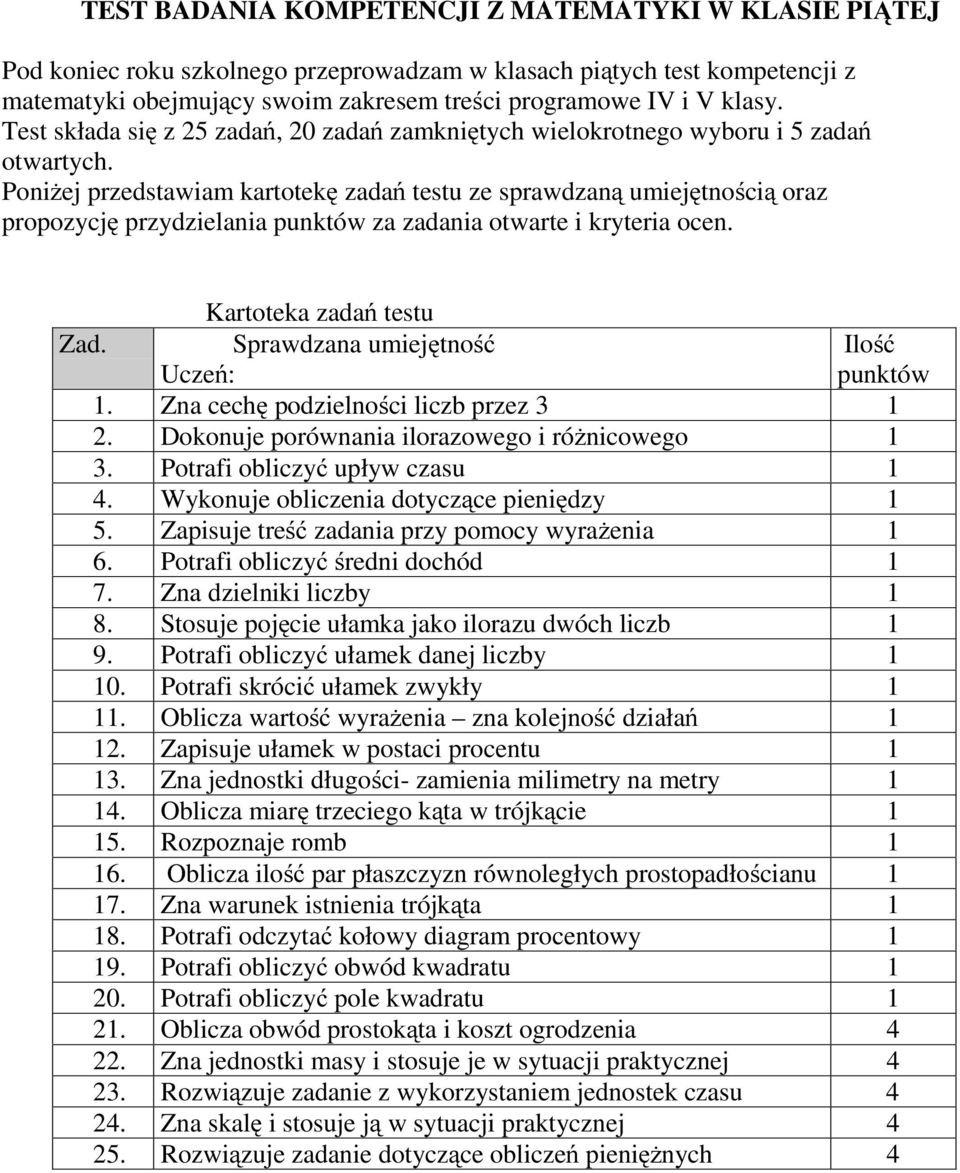 Poniżej przedstawiam kartotekę zadań testu ze sprawdzaną umiejętnością oraz propozycję przydzielania punktów za zadania otwarte i kryteria ocen. Kartoteka zadań testu Zad.