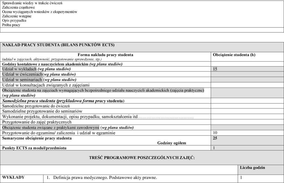 ) Godziny kontaktowe z nauczycielem akademickim (wg planu studiów) Udział w wykładach (wg planu studiów) 15 Udział w ćwiczeniach(wg planu studiów) Udział w seminariach (wg planu studiów) Udział w