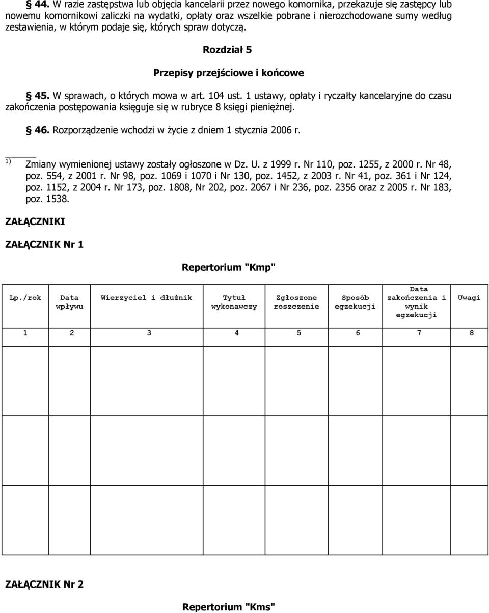 1 ustawy, opłaty i ryczałty kancelaryjne do czasu zakończenia postępowania księguje się w rubryce 8 księgi pieniężnej. 46. Rozporządzenie wchodzi w życie z dniem 1 stycznia 2006 r.