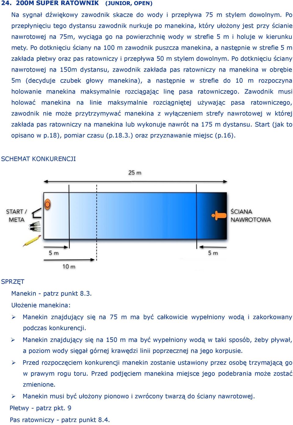 Po dotknięciu ściany na 100 m zawodnik puszcza manekina, a następnie w strefie 5 m zakłada płetwy oraz pas ratowniczy i przepływa 50 m stylem dowolnym.