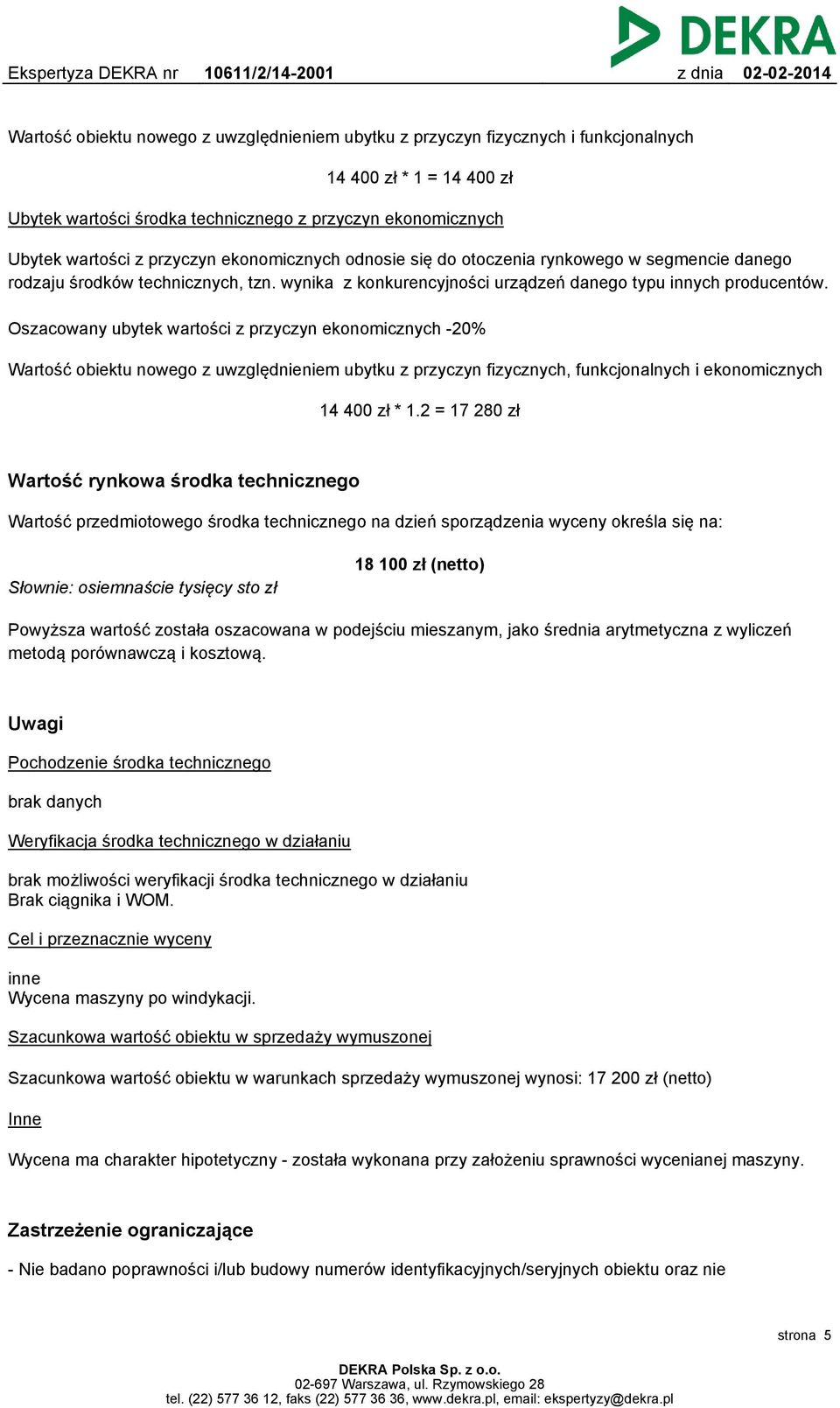 Oszacowany ubytek wartości z przyczyn ekonomicznych -20% Wartość obiektu nowego z uwzględnieniem ubytku z przyczyn fizycznych, funkcjonalnych i ekonomicznych 14 400 zł * 1.